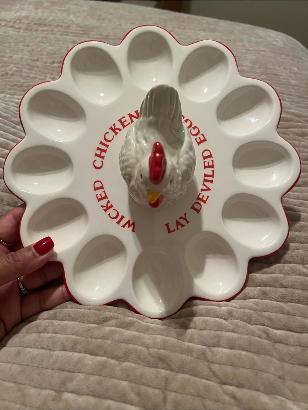 Paula Deen Ceramic White & Red Deviled Egg Platter with Chicken Centerpiece